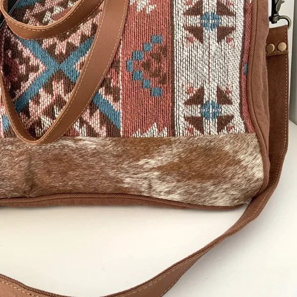 Myra Bag Tori Tote Aztec Native Weave Hair Hide Brown Canvas Tote NWT - Picture 7 of 16